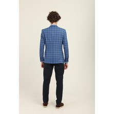 Lacivert Renk,kareli Desen,iki Düğme Çift Yırtmaç Sivri Yaka Slim Fit Kalıp | Agustini