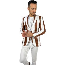 Kahverengi Beyaz Şerit Desen Torba Cep Blazer Tek Ceket Slim Fit | Agustini