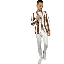 Kahverengi Beyaz Şerit Desen Torba Cep Blazer Tek Ceket Slim Fit | Agustini