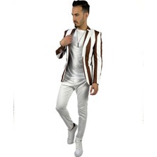 Kahverengi Beyaz Şerit Desen Torba Cep Blazer Tek Ceket Slim Fit | Agustini