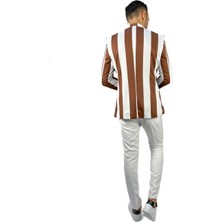 Kahverengi Beyaz Şerit Desen Torba Cep Blazer Tek Ceket Slim Fit | Agustini