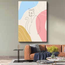 Pastel Kedi - Renkli Geometrik Formlarla Çizgisel Kanvas Tablo