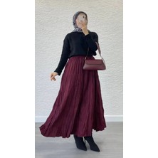 Bordo Crush Kırışık Uzun Etek