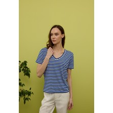 Kadın Sax Renk Çizgili Kısa Kollu T-Shirt