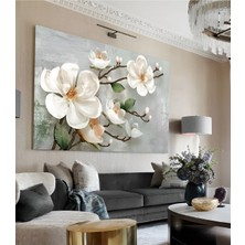 Yağlı Boya Efetkli Yosun Yeşili-Gri Tabanlı Büyük Çiçek Kanvas Duvar Tablo