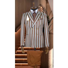 Taba ve Gri Çizgili Italyan Stil Kruvaze Ikili Kombin Takım Elbise Geniş Sivri Yaka Slim Fit | Agustini