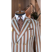 Taba ve Gri Çizgili Italyan Stil Kruvaze Ikili Kombin Takım Elbise Geniş Sivri Yaka Slim Fit | Agustini