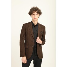  Kahverengi Mono Yaka Iki Düğme Çift Yırtmaç Blazer Tek Ceket Slim Fit | Agustini