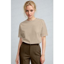 Kadın Camel  Nefes Alan Bisiklet Yaka Regular Fit Normal Kesim Baskisiz Basic T-Shirt