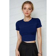 Teenage Millionaire Kadın Lacivert Bisiklet Yaka Likralı Kısa Kol Body Crop Bluz