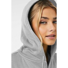 Millionaire Kadin Kapüşonlu Gri Melanj Fermuarlı Polar 3 Üç Iplik Şardonlu Kapşonlu Sweatshirt Zip Up Hoodie - K2204