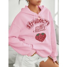 Millionaire Kadın Pembe Çilek Baskılı 3 Iplik Şardonlu Kapüşonlu Kanguru Cepli Oversize Salaş Hoodie Sweatshirt
