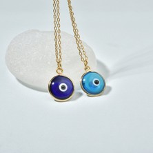 Nox Jewelry 14K Altın Kaplama Nazar Boncuğu Gümüş Kolye - Mavi Cam Taşlı Minimal Şans ve Koruyucu Kadın Kolye - CNS00621