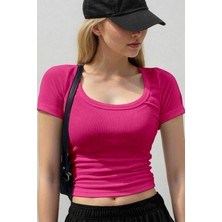 Teenage Millionaire Kadın Şeker Pembe U Yaka Kısa Kollu Fitilli Kaşkorse Body T-Shirt