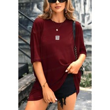 Teenage Millionaire Kadın Bordo Free Life Bisiklet Yaka Oversize Salas T-Shirt