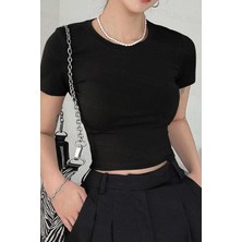 Teenage Millionaire Kadın Siyah Bisiklet Yaka Likralı Kısa Kol Body Crop Bluz
