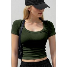 Teenage Millionaire Kadın Haki Yeşili U Yaka Kısa Kollu Fitilli Kaşkorse Body T-Shirt