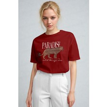 Millionaire Kadın Kırmızı Paradise Leopar Kadın Kısa Kol Relax Fit Rahat Kesim Regular T-Shirt