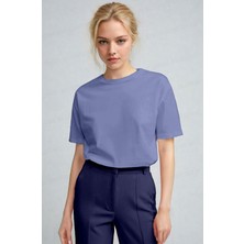 Kadın Mavi  Nefes Alan Bisiklet Yaka Regular Fit Normal Kesim Baskisiz Basic T-Shirt