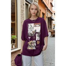 Millionaire Kadın Mürdüm Fashion Oversize Fit Bol Geniş Kalıp Salaş Kesim T-Shirt