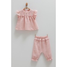 Nakışlı Fırfırlı Müslin Tshirt Pantolon Takım