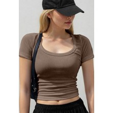 Teenage Millionaire Kadın Açık Kahve Vizon U Yaka Kısa Kollu Fitilli Kaşkorse Body T-Shirt