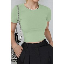 Kadın Su Yeşil Bisiklet Yaka Likralı Kısa Kol Body Crop Bluz