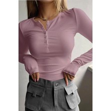 Kadın Gül Kurusu Düğme Detaylı Patlı Düğmeli Bisiklet Yaka Uzun Kollu Fitilli Kaşkorse Bluz Body