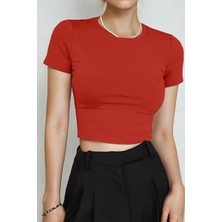 Kadın Kırmızı Bisiklet Yaka Likralı Kısa Kol Body Crop Bluz