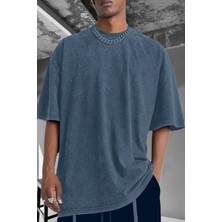 Erkek Mavi Oversize Asit Yıkamalı Eskitme Efektli Boyalı T-Shirt