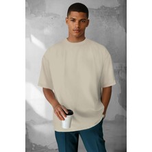 Erkek Taş Renk Basic Düz Baskısız Oversize Salas Boyfriend T-Shirt