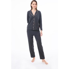 Cottonhill Antrasit Önden Düğmeli Pamuklu Kadın Pijama Takımı