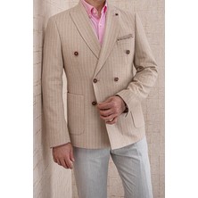 Erkek Slim Fit Sivri Yaka Torba Cep Bej Çizgili Kruvaze Ceket