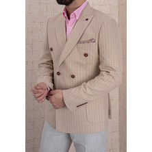 Erkek Slim Fit Sivri Yaka Torba Cep Bej Çizgili Kruvaze Ceket