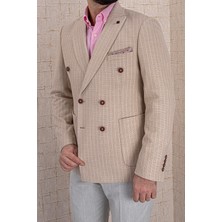 Erkek Slim Fit Sivri Yaka Torba Cep Bej Çizgili Kruvaze Ceket