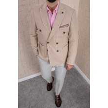 Erkek Slim Fit Sivri Yaka Torba Cep Bej Çizgili Kruvaze Ceket