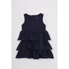 Bisiklet Yaka Kurdele Detaylı Eteği Fırfırlı Sıfır Kol Lacivert Renk Kız Çocuk Elbise