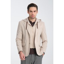 Frappoli Marcio Erkek Vizon Çıkarılabilir Kapşonlu Yarım Astar Slim Fit Mono Yaka Spor Blazer Ceket