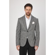 Frappoli Zenos Erkek Siyah Keten Görünümlü Ilkbahar-Yaz Ekose Slim Fit Spor Blazer Ceket