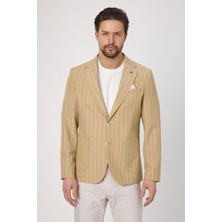 Frappoli Vitao Erkek Bej Italyan Çizgili Keten Karışımlı Ilkbahar-Yazlık Blazer Ceket