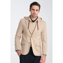 Frappoli Marcio Erkek Krem Çıkarılabilir Kapşonlu Yarım Astar Slim Fit Mono Yaka Spor Blazer Ceket