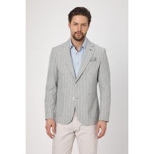Frappoli Vitao Erkek Gri Italyan Çizgili Keten Karışımlı Ilkbahar-Yazlık Blazer Ceket