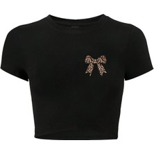 Brz Collection Kadın Leopar Kurdele Crop T-Shirt Siyah