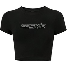 Brz Collection Kadın Kristal Taş Baskılı Cosmic Crop T-Shirt Siyah
