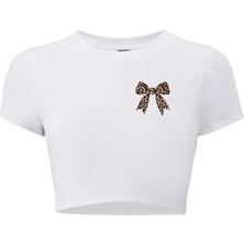 Brz Collection Kadın Leopar Kurdele Crop T-Shirt Beyaz