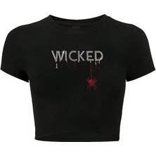 Brz Collection Kadın Kristal Taş Baskılı Red Wicked Crop T-Shirt Siyah