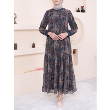 Etnik Desenli Astarlı Elbise - Parçalı Etekli Astarlı Şifon Uzun Elbise