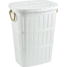 Mediterian Beyaz Hafif Çamaşır Sepeti, 62L, Bambu Detaylı, Şık ve Kullanışlı Tasarım