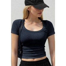 Teenage Millionaire Kadın Lacivert Melanj U Yaka Kısa Kollu Fitilli Kaşkorse Body T-Shirt