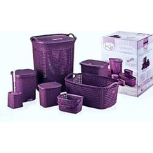 Mediterian 7'li Renkli Plastik Banyo Seti, Örgü Desenli, Mürdüm, 65 L